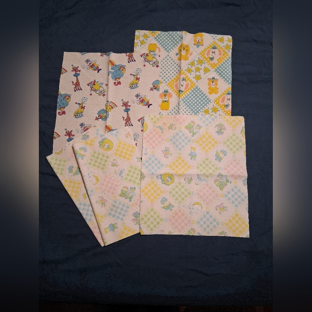 Vintage Lot of 3 Flannel Baby Nursery Designs Blanket Fabric Squares 11"×13"